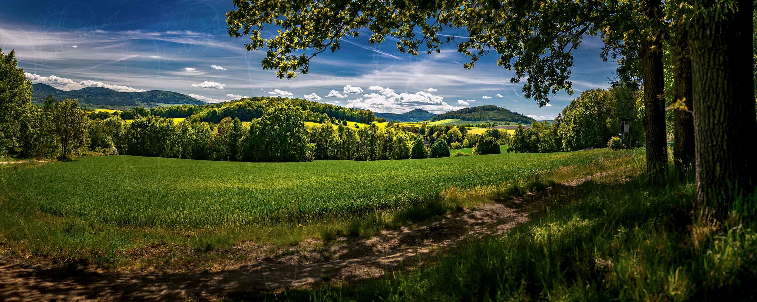 Frühlingsfarben bemalen den Gebirgsblick zur Lausche